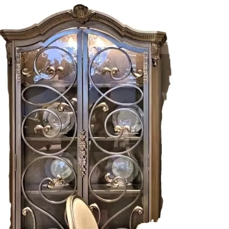 Country solid wood wine cabinet, double door glass antique cabinet, French carved retro dining side cabinet