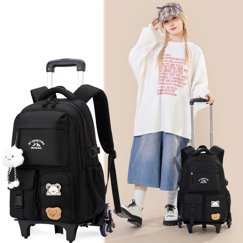 dengan Roda Anak Ransel Beroda Tahan Air Tas Sekolah Siswa Ransel Bergulir Tas Troli Anak Ransel Sekolah Anak Perempuan
