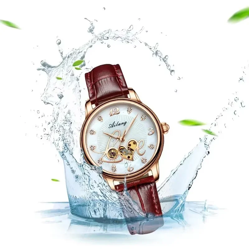 AILANG 8806 Women's Watch Love Dial Luxury Waterproof Mechanical Watch For Women Hollow Leather Strap Automatic Wristwatch