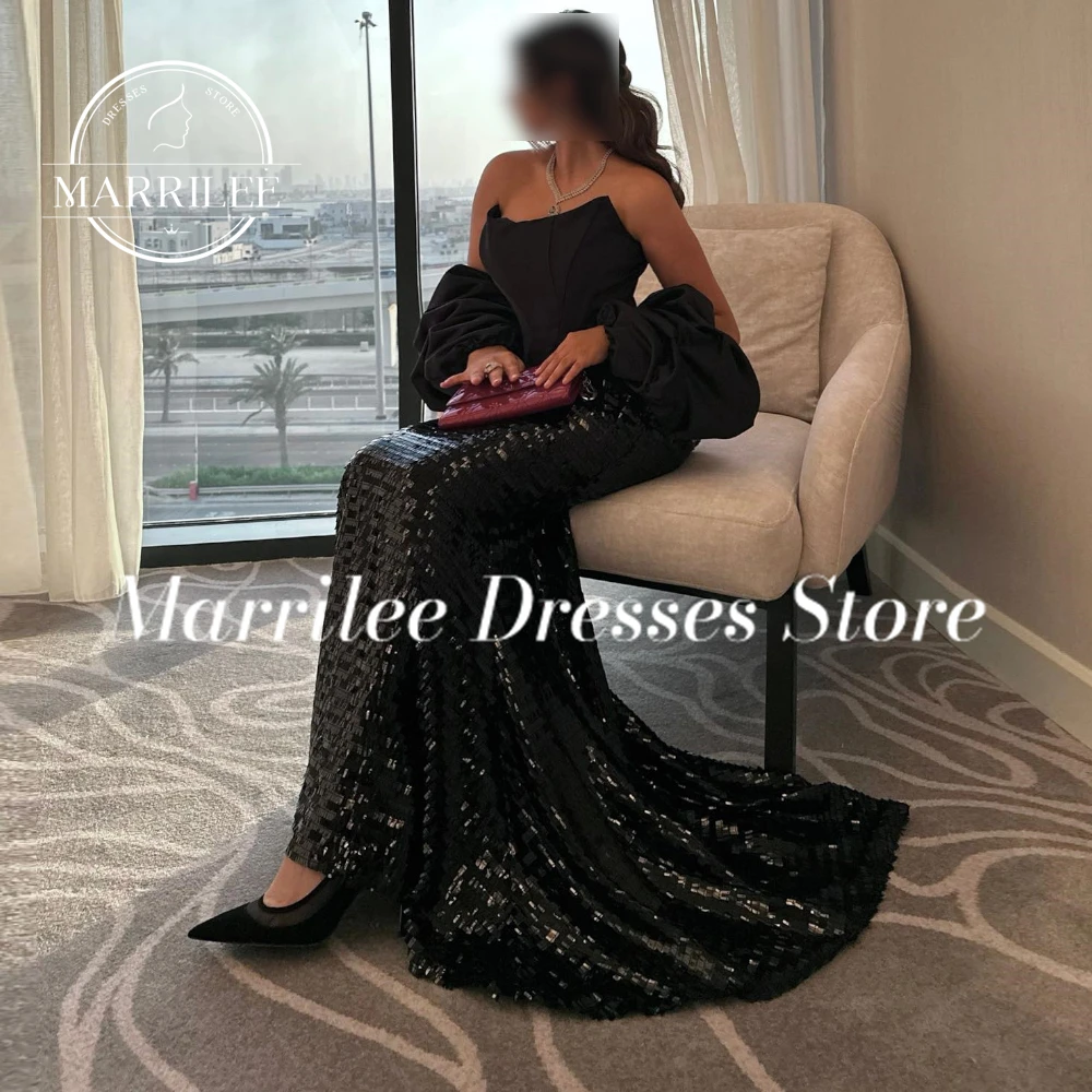 Marrilee  Scoop Solid Color Sleeveless Sequined Floor Length Sweep Train Mermaid Puff sleeves Elegant Luxury Evening Dress 2024