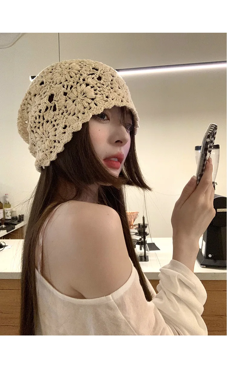 Women Summer Cap Hand-Made  Hollowed-out Vintage Artistic Crocheted Hat for Summer Breathable Causual Female Caps 004
