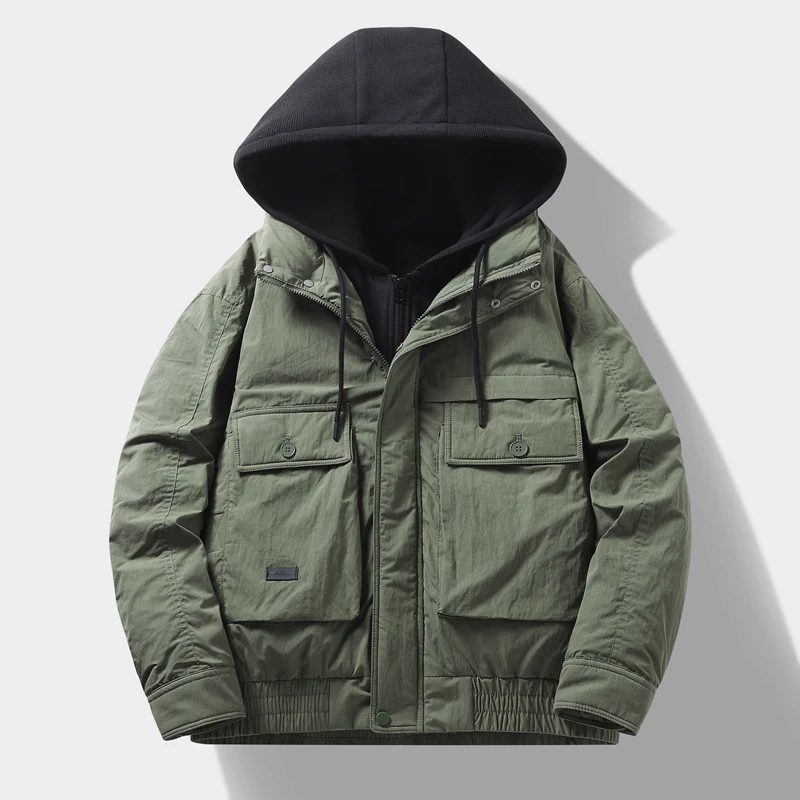 سترة رجالية كاجوال كبيرة الحجم بغطاء للرأس، لون سادة، نمط منتفخ مع حشوة البط الأبيض، معطف يومي متعدد الاستخدامات
