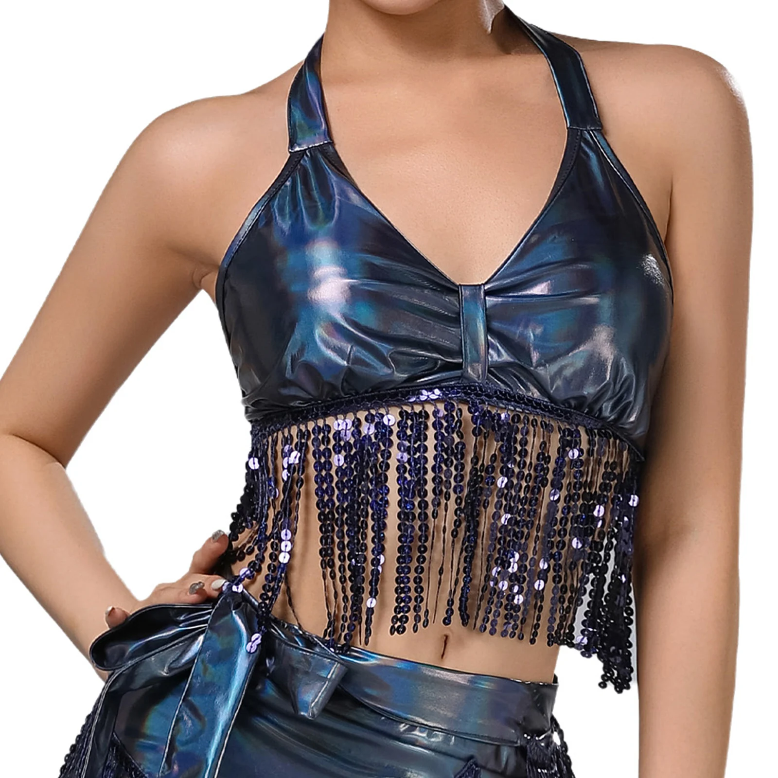 

Womens Belly Dance Tassel Crop Tops Tying Halter V Neck Open Back Sequined Metallic Shiny Dance Tops for Latin Chacha Ballroom