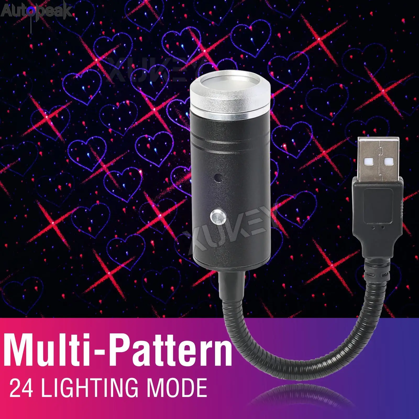 USB-Sternprojektor, Nachtlichter, 3 Farben und 24 Beleuchtungsmodi, klangaktivierter Stroboskop, verstellbare Sternen-Galaxie-Lampe, Auto-Raumdekoration