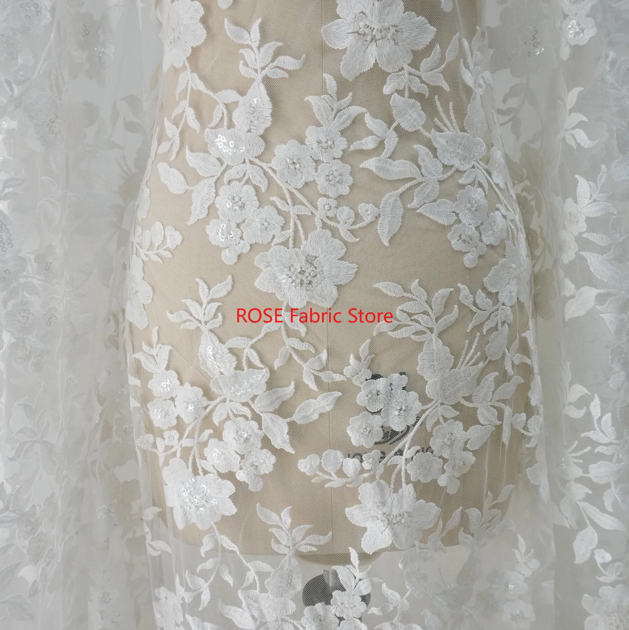 Ivory Flower Sequince Embroidery Lace Fabric floral Mesh Tulle For Wedding Dress, Prom Gown, Couture Design, Flower Girls Dress