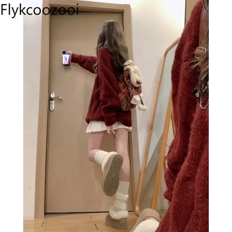 Autumn and Winter Christmas and New Year Red Women's Skirt Atmospheric Wear College-style Sweater Two-piece Suit