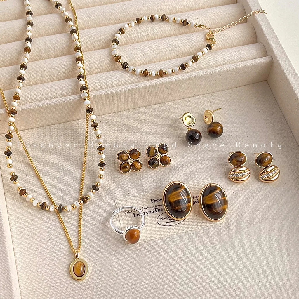 

DIY accessories Maillard style retro tiger's eye stone necklace niche light luxury versatile jewelry set fashion high-end earrin