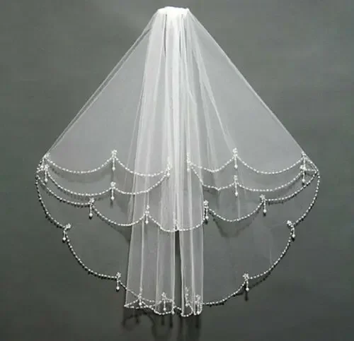 

2 Layer White/Ivory Veil Elbow Length Beaded Edge Wedding Bridal Comb