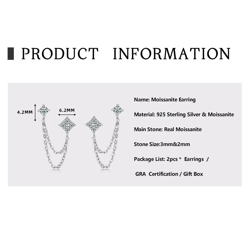 Lnngy 925 Sterling Silber Doppel Ohrstecker Kette Quaste Ohrringe Zertifiziert 3mm & 2mm Blume Moissanit Tropfen Ohrring für Frauen Geschenk – Detail 7