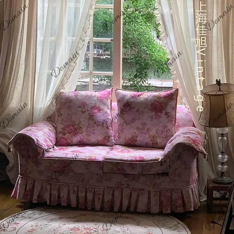 80 N French  Retro Floral Printed Double Sofa with Ruffled Skirt, Removable Washable Cover