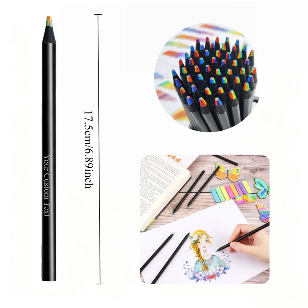 50PCS Custom Rainbow Color Pencils Black Wooden Multi‑Color Pencil for Drawing Writing, Personalized Engraved Gift Pencils