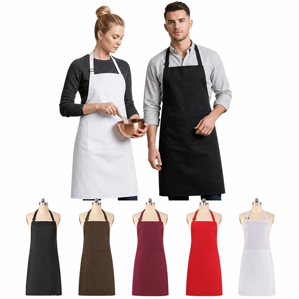 New Two Pockets Chef Aprons Oilproof Adjustable Straps Cooking Aprons Abrasion Antifouling Work Apron Restaurant Serving