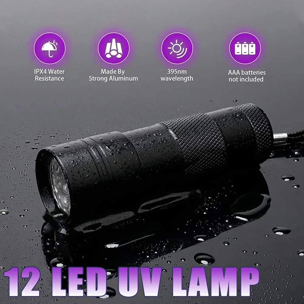 9/12 LED Protable UV Flashlight Black Light 395 NM Ultraviolet Torch Blacklight Detector for Dog Urine Pet Stain and Bed Bug