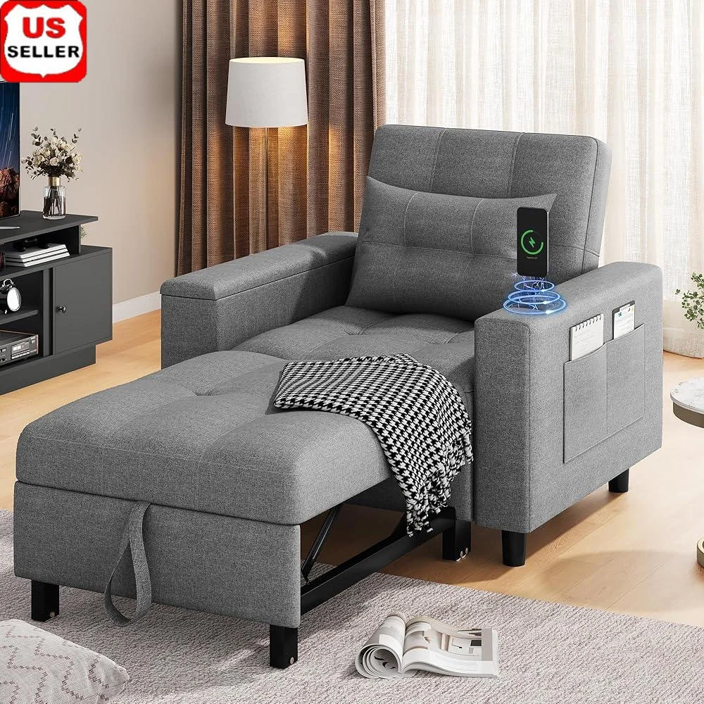 3-in-1 Convertible Sleeper Chair Bed with USB Type C Ports Adjustable Armrest Living Room Dorm Office Use