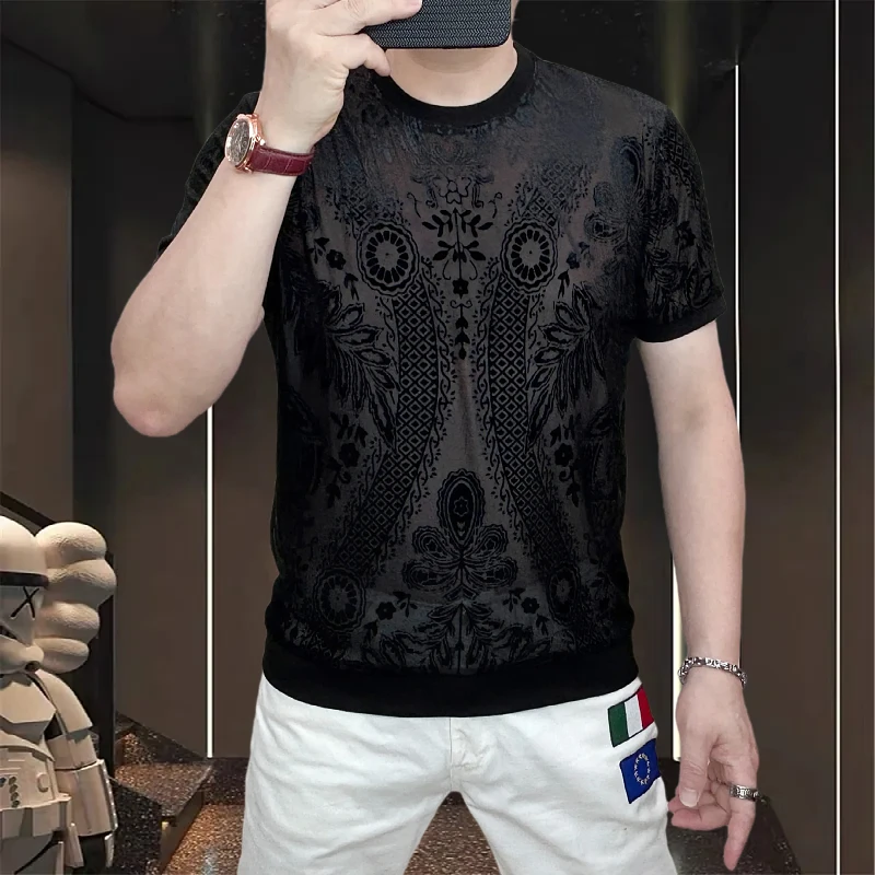 

summer Plush Breathable Mesh Round Neck Short Sleeved T-shirt for Men Retro casual business social t-shirts men clothing 2025
