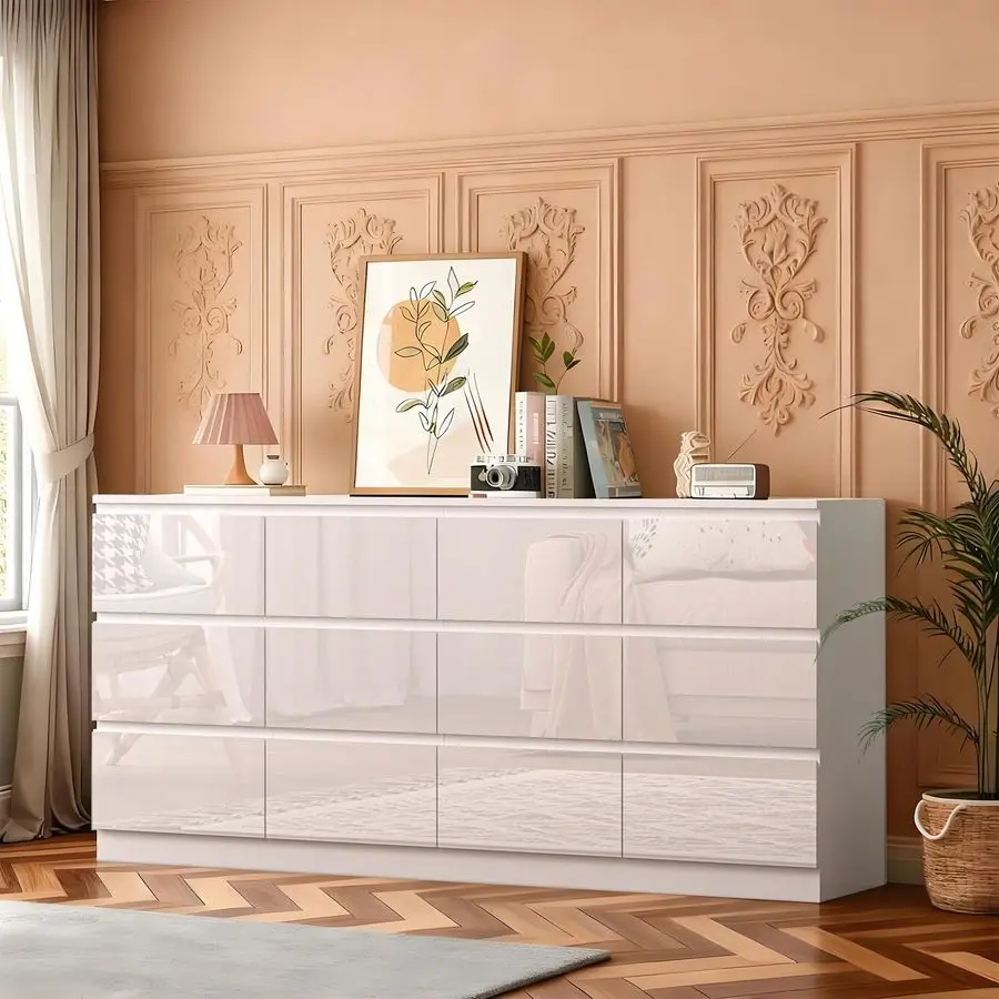 12 Drawer Dresser for Bedroom, 71 Long Wood Chest of Drawers, Modern High Gloss Wide Double Dresser with Charging Station, Hand