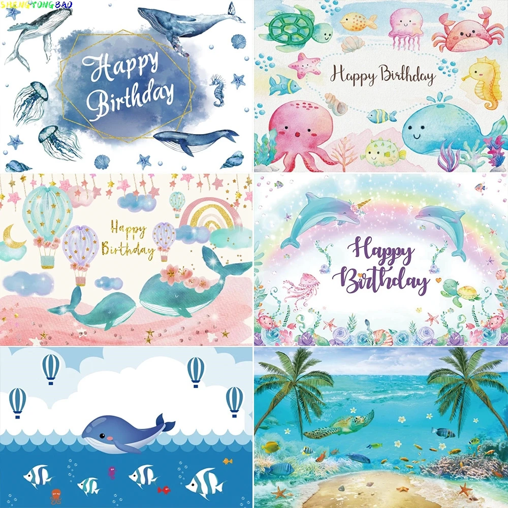 Summer Ocean Photography Background Cartoon Fish Kids Birthday Party Cute Underwater Dolphin Studio Backdrops TM-01