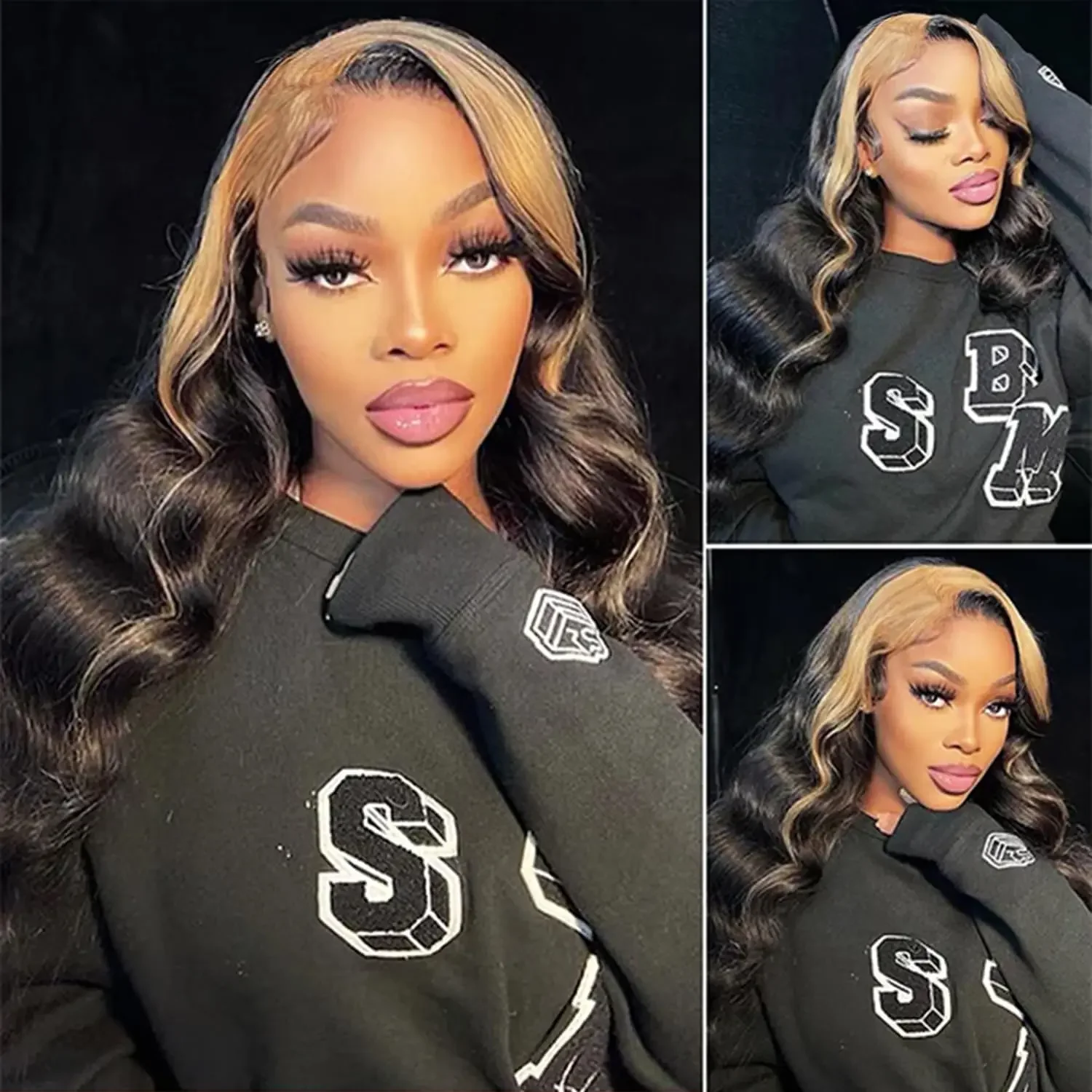 Skunk Stripe Highlight Blonde Body Wave 13X4 Lace Front Wig 180 Density Synthetic Ombre Blonde /Green Lace Wigs For Black Women