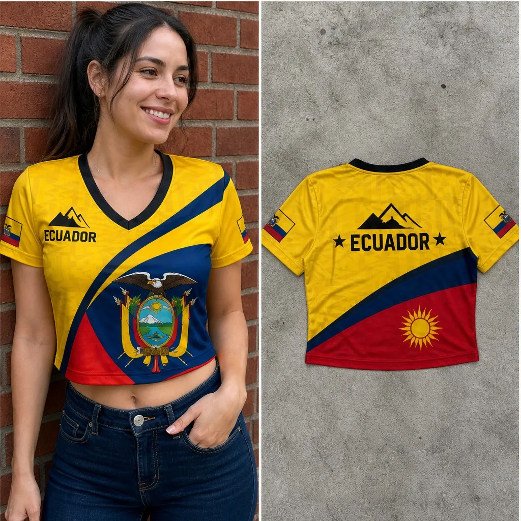 Womens Ecuador V Neck Short Sleeve Crop Top Eagle Crest Mountain Print Casual Summer Shirt for Street Travel Holiday Daily Looks