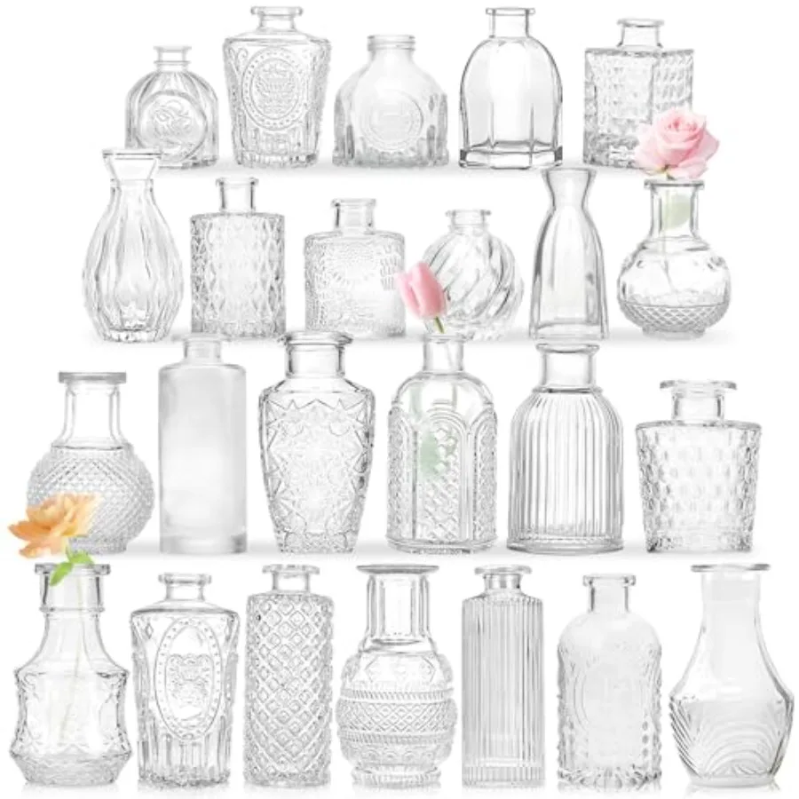 

Bud Vases - in Bulk 24, Vintage Small Glass Bud Vases for Flowers, Crystal Mini Glasses in Bulk, Small Flower Design for Center