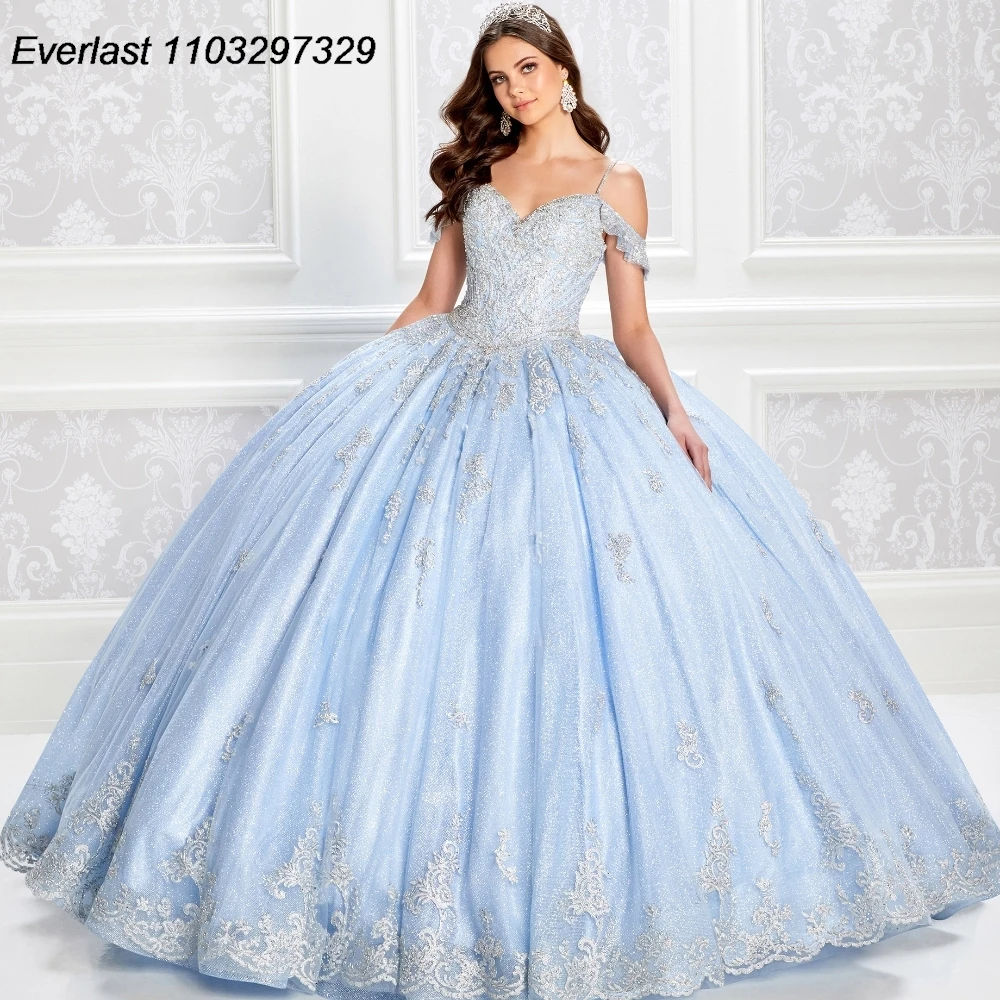 EVLAST-Robe de RhQuinceanera bleu scintillant, appliques en dentelle, perles, cristal Off initié, Sweet 16, TQD353