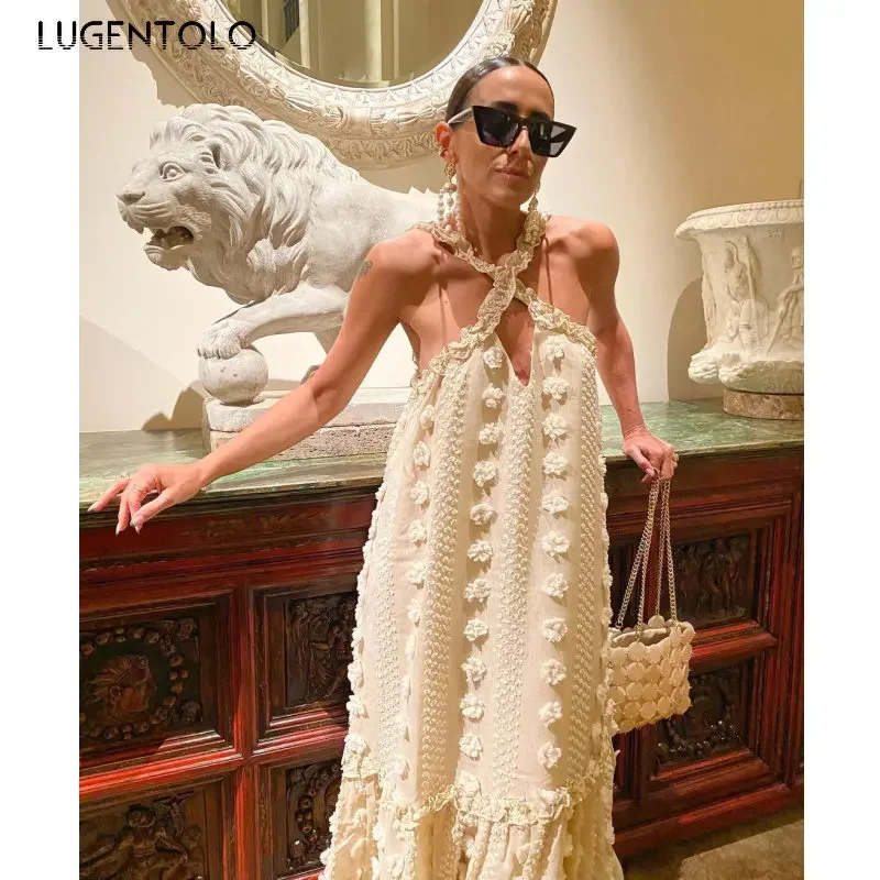 

Women Bohemian Dress Halter Summer Sleeveless Party Holiday Out Sundress Loose Big Swing Female Long Dresses Lugentolo