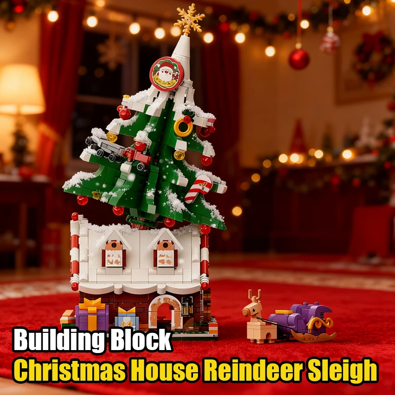 Building Blocks Santa Claus Xmas Tree House with Reindeer Sleigh Christmas Gifts Bricks Assembly Toy Children Toys for New Year