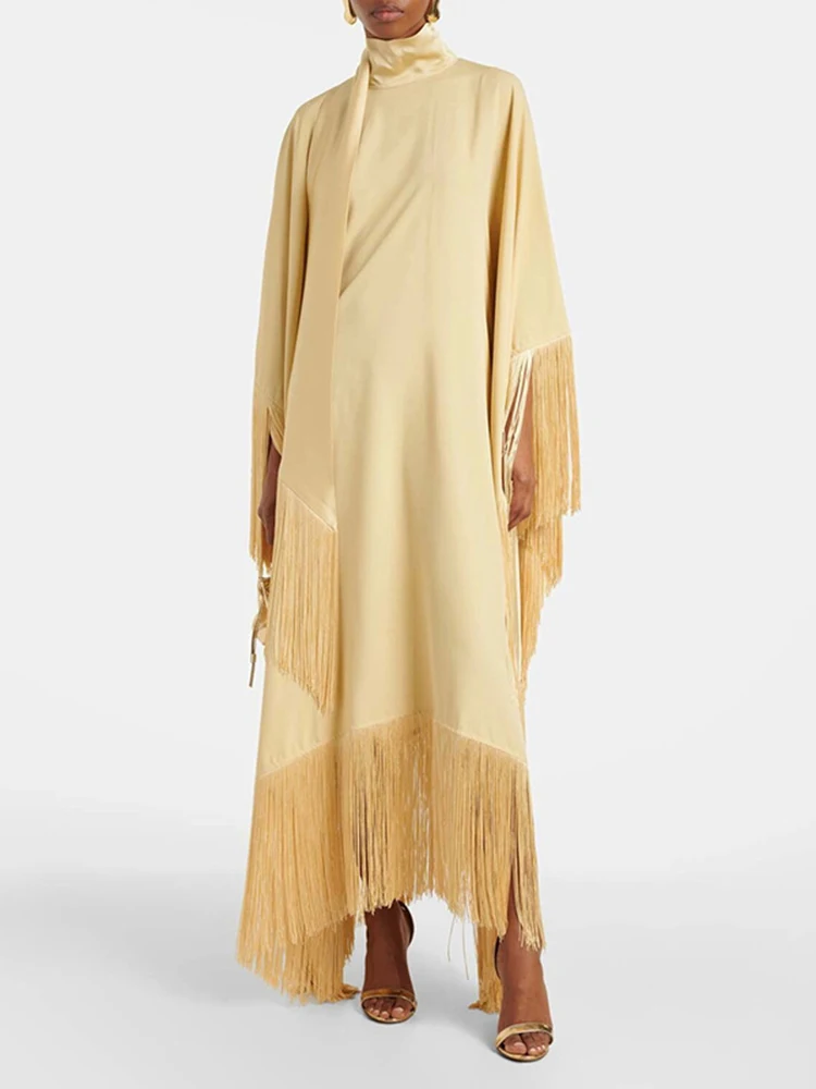 

Fashion V-neck Batwing Sleeve Loose Pleated Dress Elegant Casual Women's Robes Summer New Solid Tassel Design Style Swing Dress