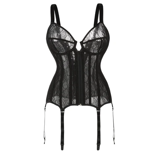Top de corsé negro, corsé transparente, corpiño de encaje hueco, corsé gótico victoriano, corpiño Push Up, lencería Sexy de talla grande