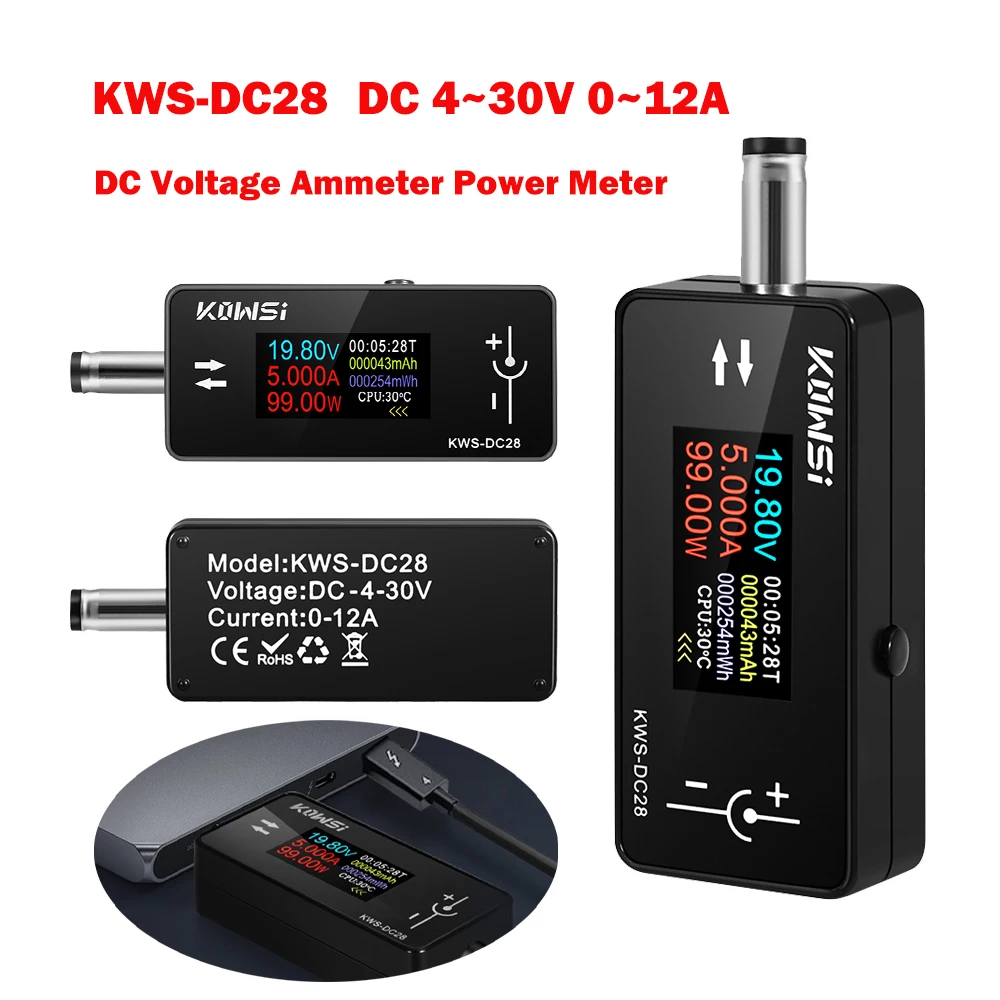 DC4-30V 12A Voltage Current Tester KWS-DC28 Interface Tester LCD  0.96 Inch TFT Screen Digital Voltmeter Ammeter Power Meter