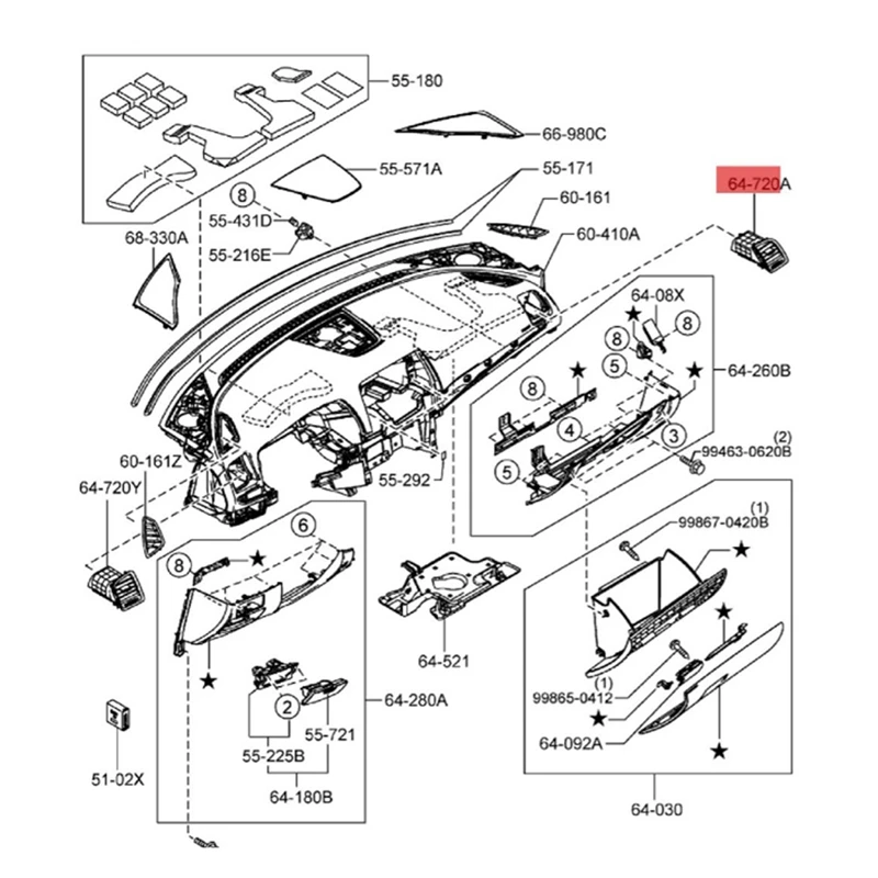 Right Side Dash Air Conditioning Outlet Grille Air Vent Assembly For Mazda 6 2012- GHP9-64-730A GHP964730A02