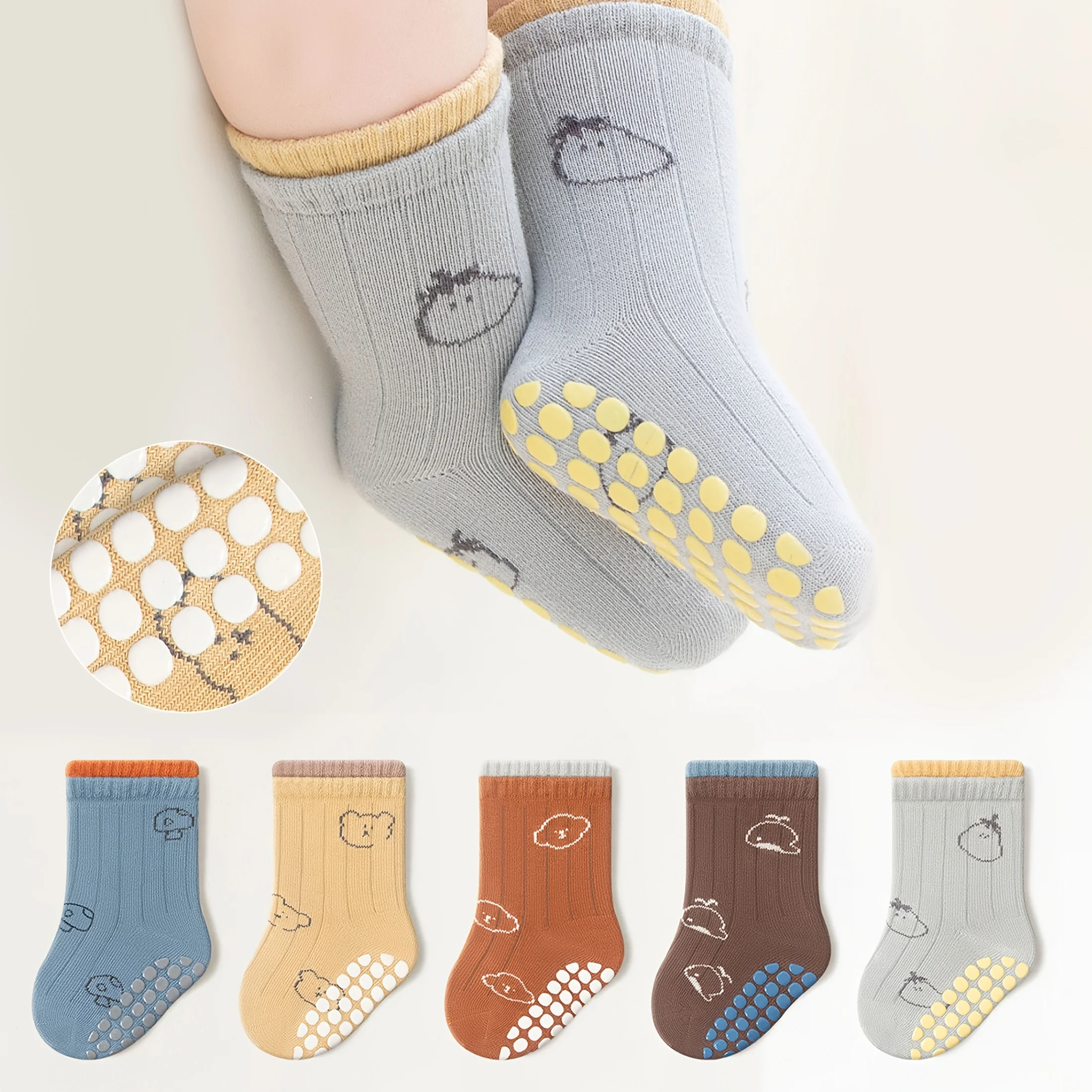 5-Pack Baby Floor Socks with Cartoon Animal Bear Pattern, Non-Slip Soft Sole Indoor Toddler Shoes, Suitable for Boys and Girls, Japanese-Style Cartoon Mid-Tube Socks, Suitable for Casual Daily Wear