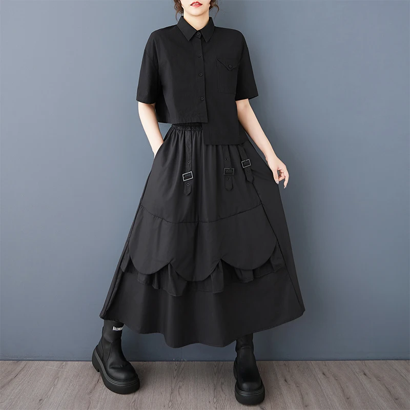 Saia fena estilo japonês casual com emendas assimétricas, cintura alta, caimento solto, crimento médio e linha A, moda...