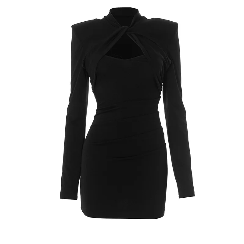 Mode Herfst Sexy Vrouwen Slim Fit Lange Mouw Jurk Party Elegant Hollow Out Korte Avondjurk Lente Mock Hals Kleding