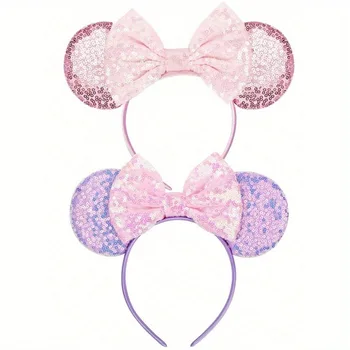1pc Cute Cartoon Minnie Headband Sequins Ears Bow Hair Hoops Purple Pink Women's Headband…