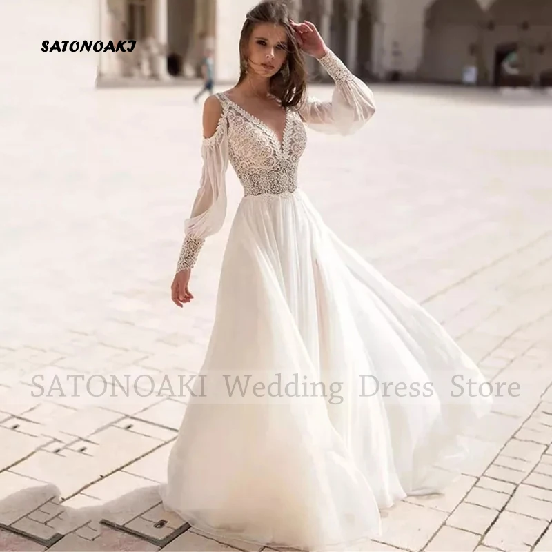 Customized Elegant Simple Side Split Lace V-Neck Wedding Dress for Women A-Line Sweep Train Backless Bride Vestidos De Novia