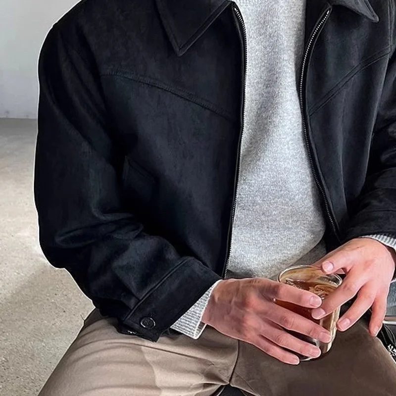 

Мужская винтажная куртка с короткими лацканами, осенняя модная замшевая куртка на молнии, верхняя одежда, ветровка, мужская одежда, зимняя мужская куртка