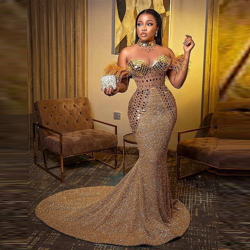 

Gold Mermaid Evening Dresses Long Sequin robe de soirée de mariage Arabic Formal Dress Feathers Sexy Prom Gowns Plus Size