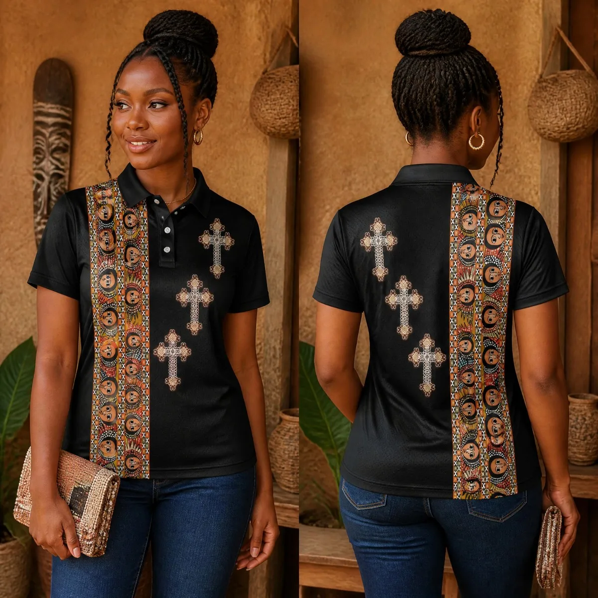 Women Ethiopian Flag Polo T Shirt Short Sleeve Turn Down Collar Lion Cross Tribal Print Casual Slim Fit Summer Fashion Top