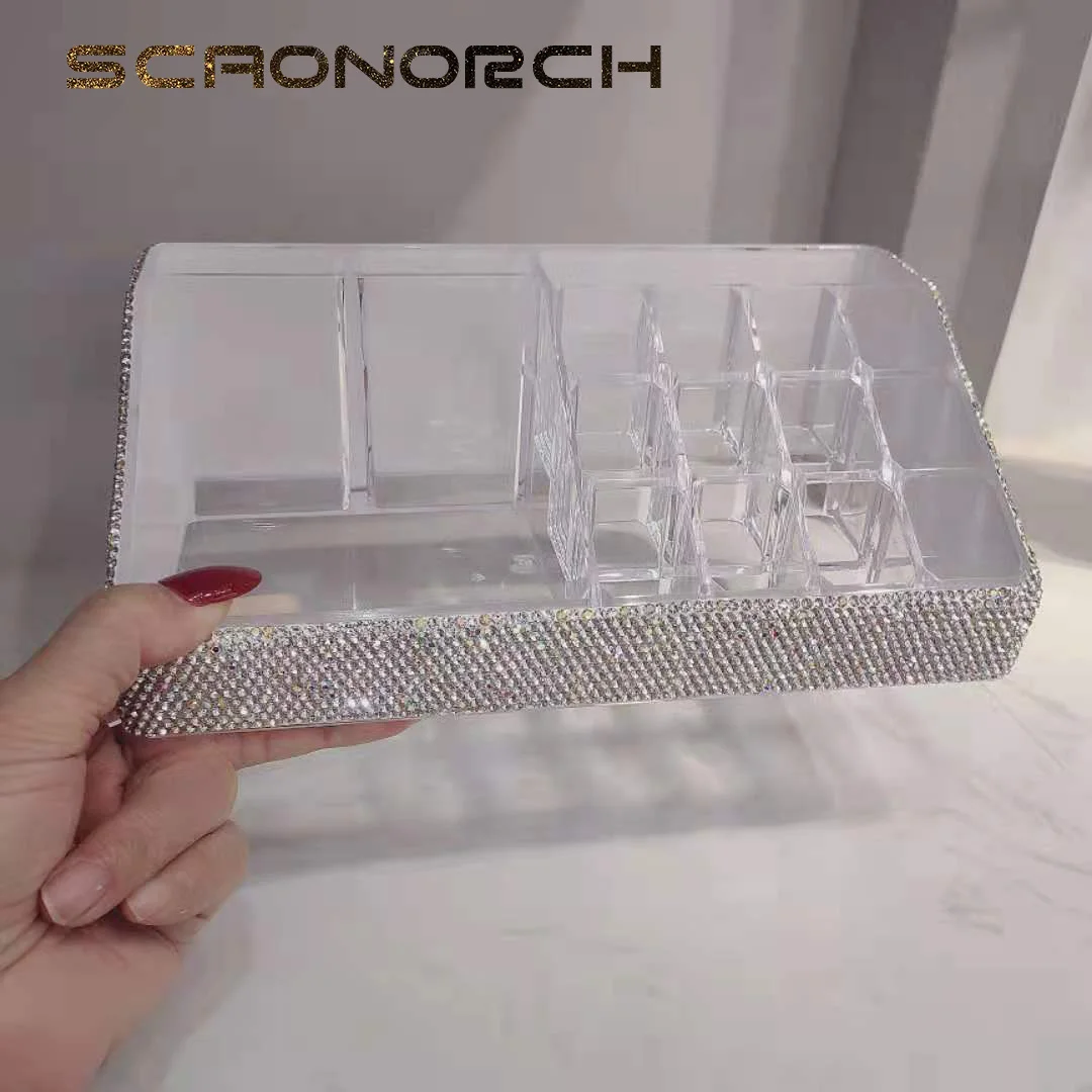 Rhinestone Acrylic Lipstick Storage Case 16 Grid Diamond Makeup Organizer Storage Box Nail Polish Cosmetic Display Stand Holder