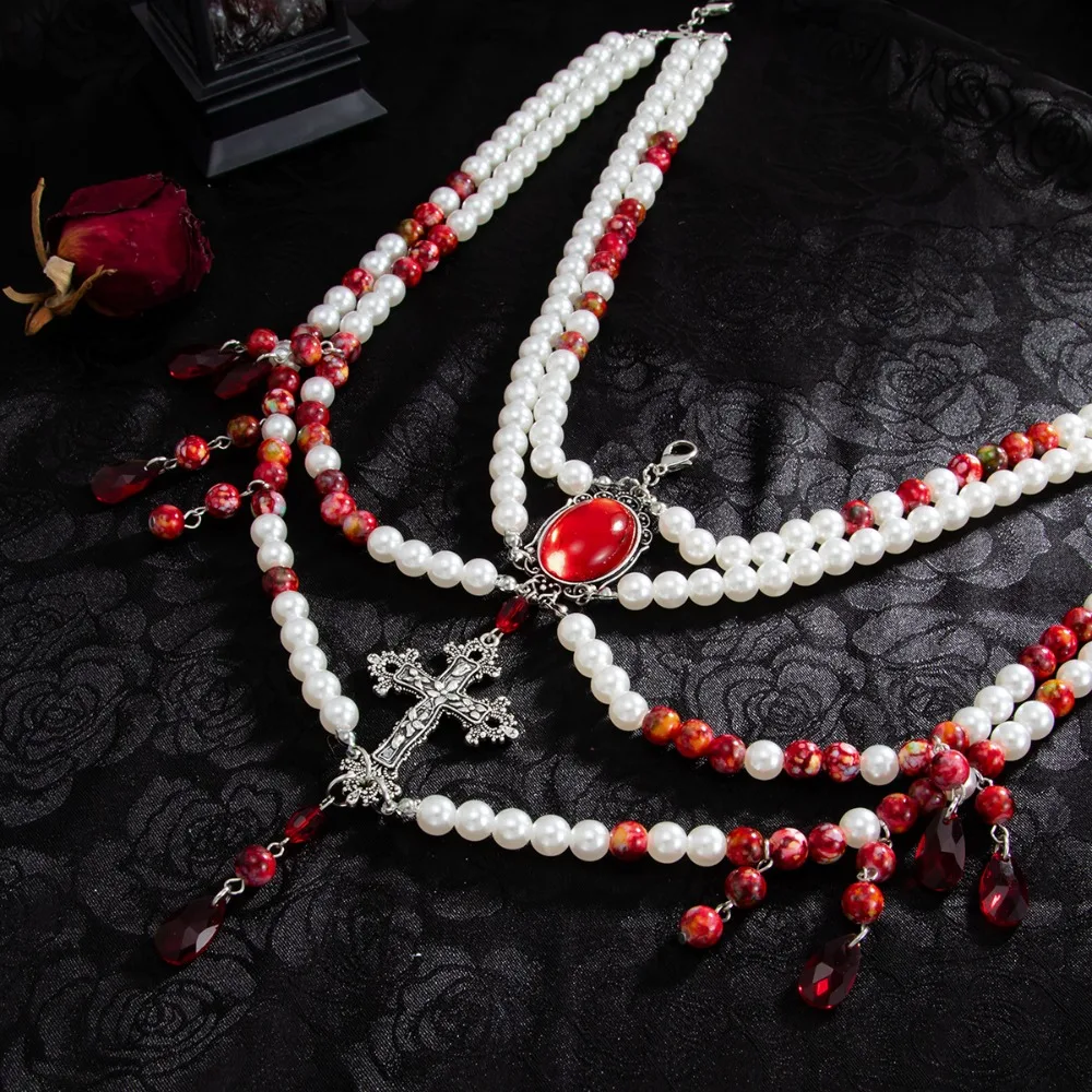 سحر القوطي تقليد اللؤلؤ مطرز الصليب قطرة الدم على شكل متعدد الطبقات شرابة الخصر سلسلة للنساء هالوين الجسم سلسلة مجوهرات #4