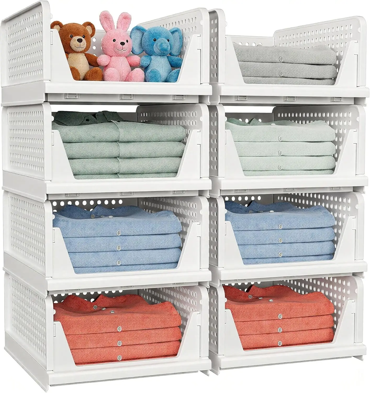 

8-Pack Stackable Closet Baskets, Foldable Waterproof Organizer for Wardrobe Space Saving, White