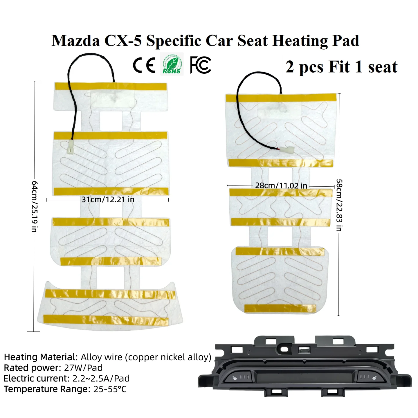12V Built in Car Seat Heating System Kit Fit 2 seats, With Dedicated Switches & Heating pads, Suitable For Mazda CX-5 2024-2025
