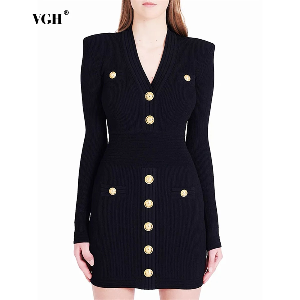 

VGH Office Slim Knitting Dress For Women V Neck Long Sleeve High Waist Patchwork Metal Buckles Temperament Mini Dresses Female