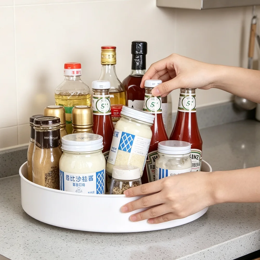 360 ° Drehbarer Schrank-Organizer, rutschfester runder Drehteller, Aufbewahrungstablett, Küchengewürzregal, Kosmetik- und Make-up-Präsentationsplatte für das Badezimmer