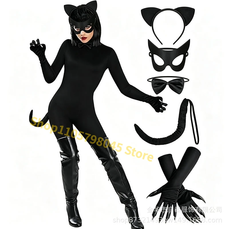 Halloween Black Cat Cosplay Costume Accessory Cat Ears Headband Tail Mask Gloves Collar Bow Tie, Fancy Dress Outfit For Carnival
