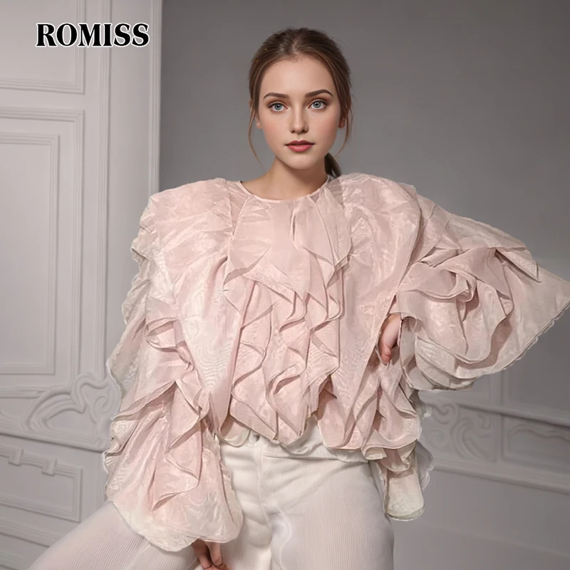 ROMISS Patchwork Ruffles Solid Shirts For Women Round Neck Long Sleeve Oversize Folds Casual Pullover Spring Blouse Female New