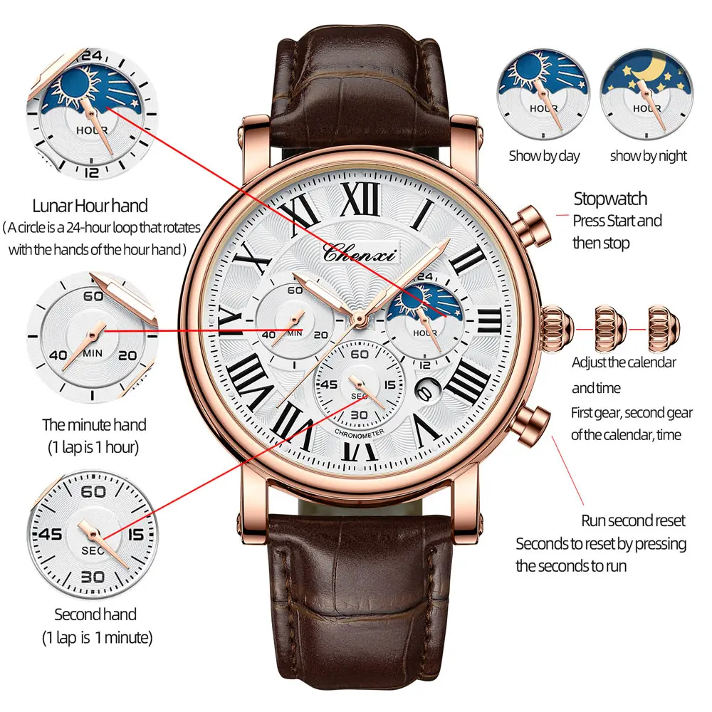 CHENXI Man's Multifunctional Watch Luxury Moon Phase Chronograph Luminous Waterproof Quartz Wristwatch High Quality Man Gifts