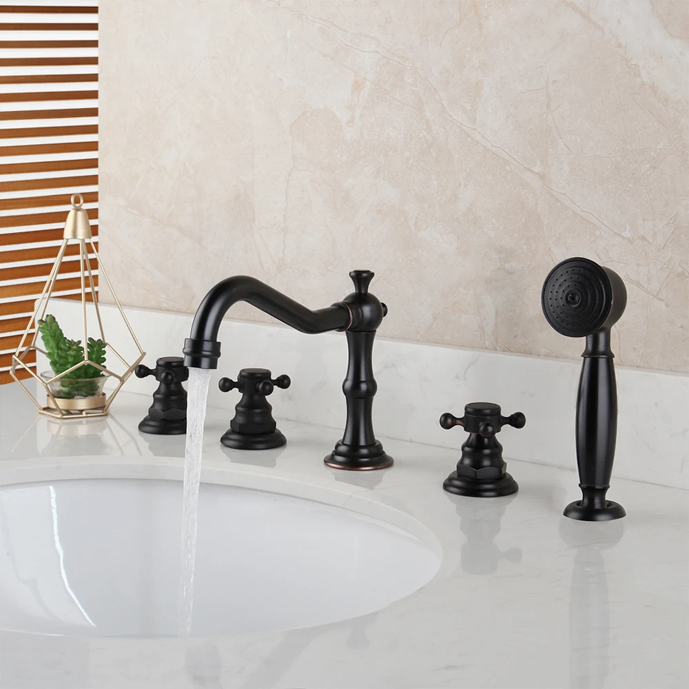 

Bathroom Mixer Tap Faucet Shower Faucets Three Handle Taps Black Bath Shower Bathtub Deck Mounted 5 Pcs Set Oil Rubbed Bronze