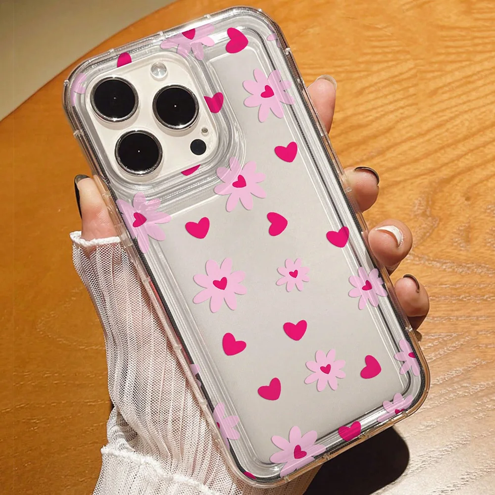 Pink Flowers Heart Print Clear Phone Case For iPhone 17 Cases iPhone 16 15 14 13 12 11 Pro Max 16E XS X XR 7 8 Plus 17 Air Cover